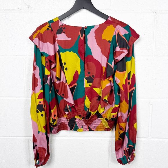 Marine Layer Top Floral Ruffle Smocked Hem Blouse Size Large - Picture 2 of 11